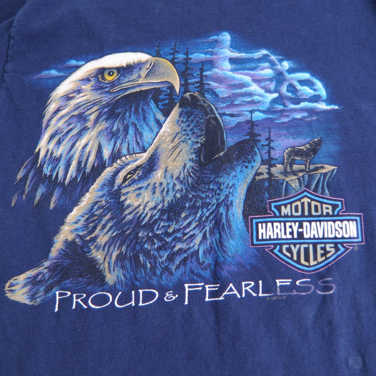 90's Harley Davidson ハーレー PROUD&FEARLESS 狼イーグルTシャツ 青(M)/A3923T-SO
