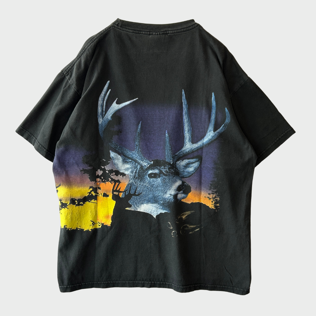 00's Cygnus WILD SIDE 鹿 アニマルプリントTシャツ 黒 (L)/A7035T-SO