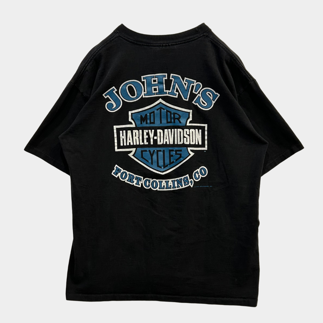 90's HARLEY DAVIDSON "JOHN'S FORTCOLLINS, CO" Tシャツ ブラック (L)/A6981T-SO