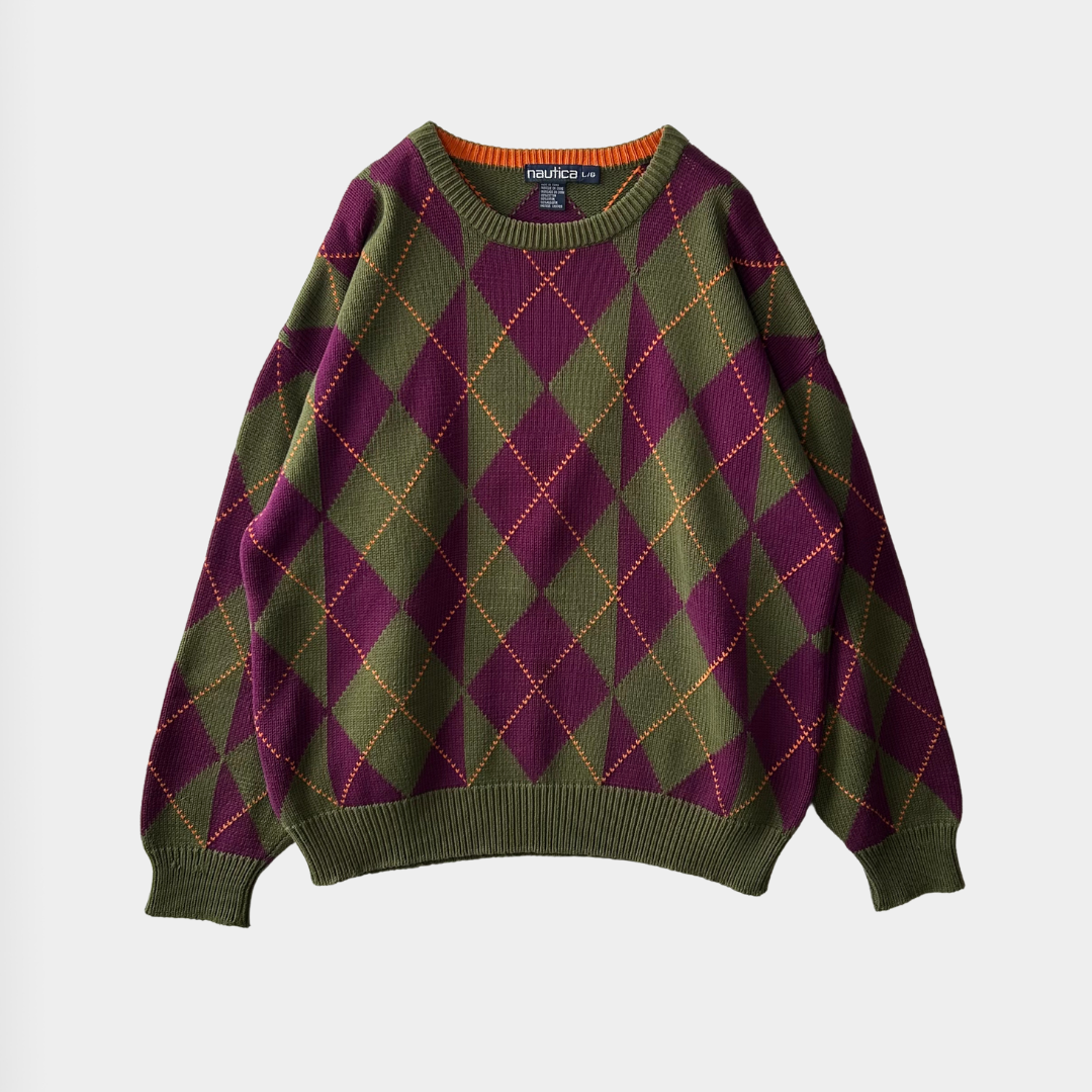90's Nautica ノーティカ アーガイル柄コットンニット (L)/B0263K-SO