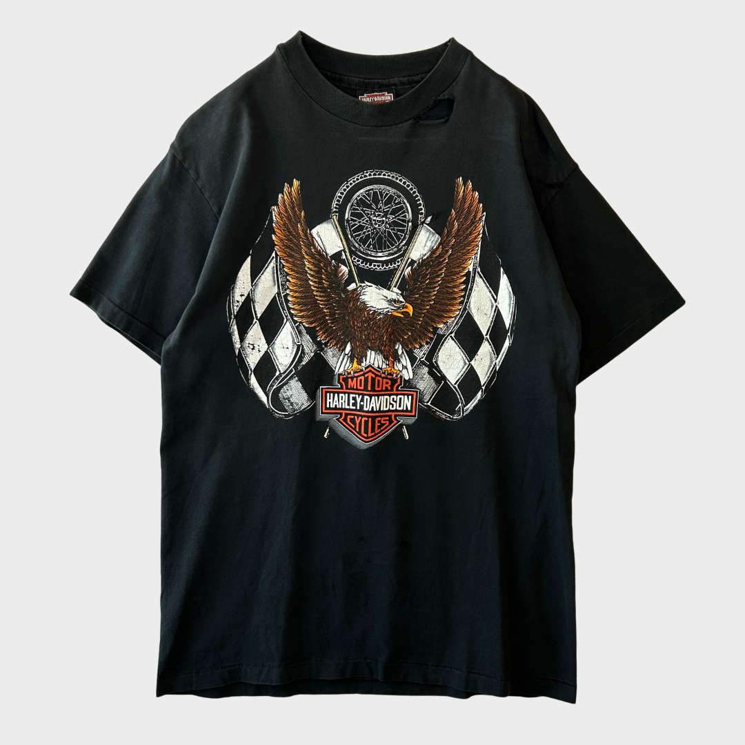 90's Hanes Harley-Davidson Cleveland, Ohio イーグル プリントTシャツ 黒 (M)/A3659T-SO