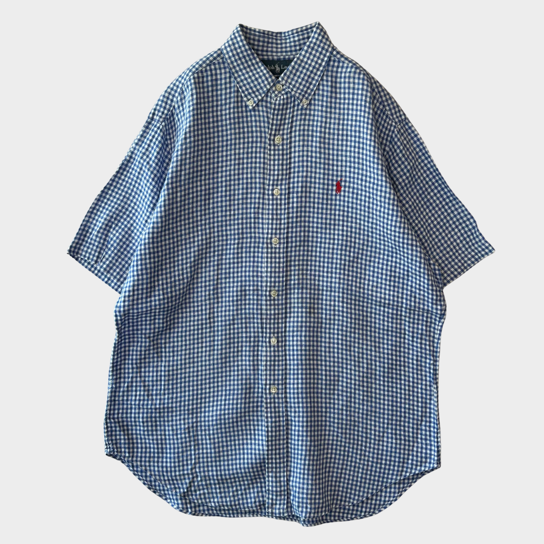 00's Ralph Lauren ラルフ 半袖 ギンガムチェック ボタンダウンリネンシャツ 青白 L/A4331SH-SO