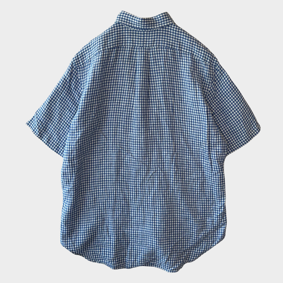 00's Ralph Lauren ラルフ 半袖 ギンガムチェック ボタンダウンリネンシャツ 青白 L/A4331SH-SO