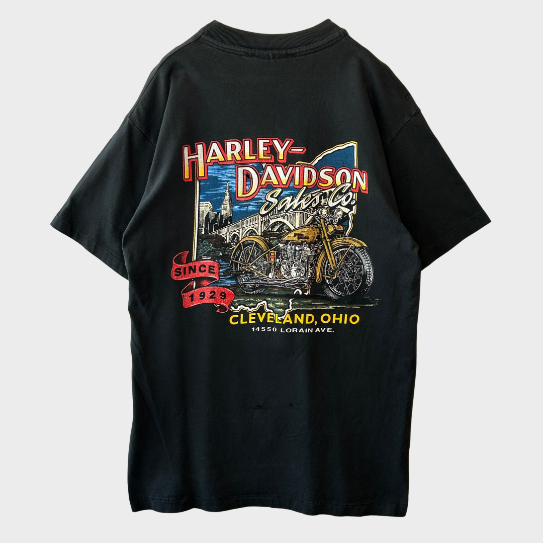 90's Hanes Harley-Davidson Cleveland, Ohio イーグル プリントTシャツ 黒 (M)/A3659T-SO