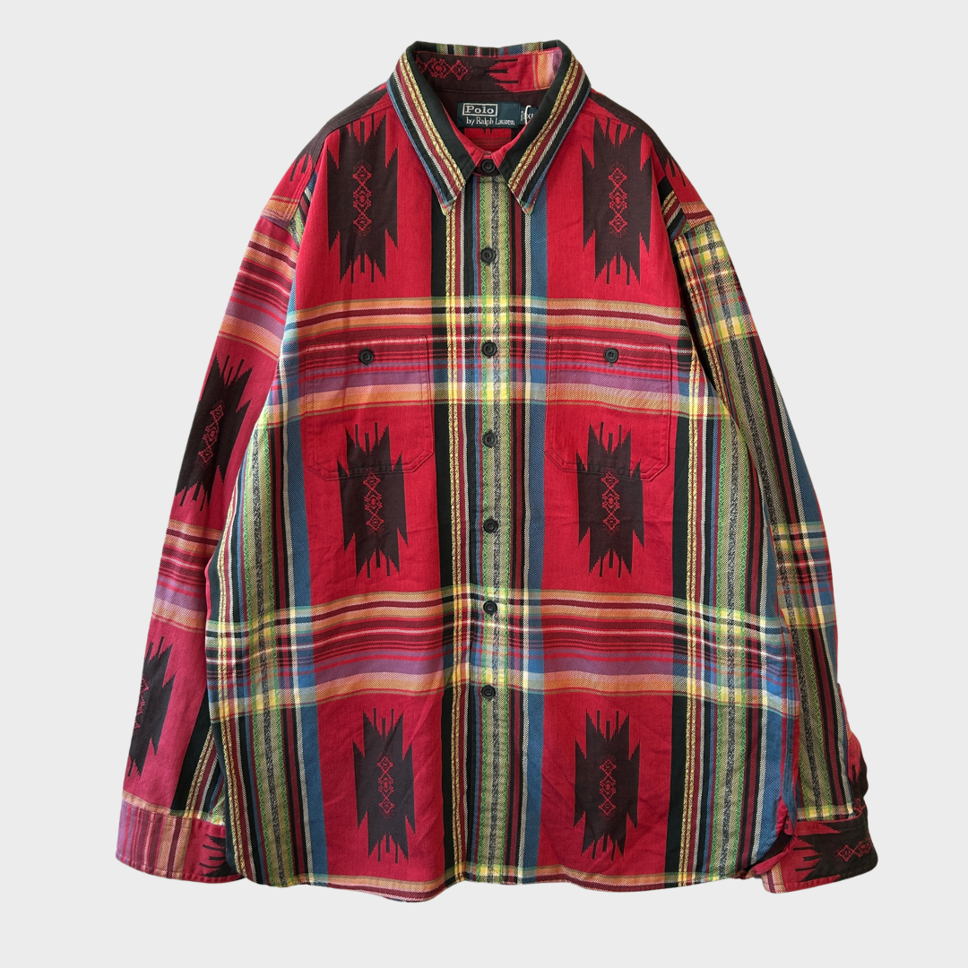 00's Ralph Lauren ラルフローレン ネイティブ柄 シャツ チンスト 赤黒緑青黄 (XL)/A2499S-SO