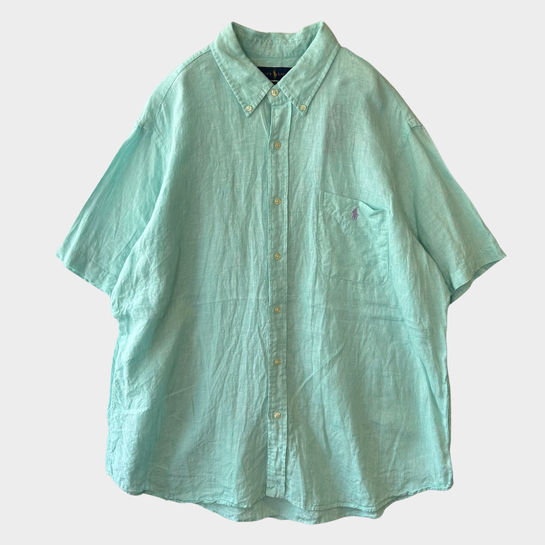 00's Ralph Lauren 半袖 ボタンダウンリネンシャツ エメラルドグリーン XXL/A2988SH-SO