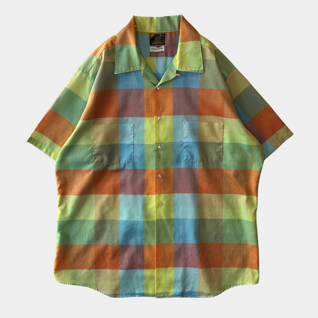 70's Sears PERMA PREST オープンカラーブロックチェックシャツ 半袖 (XL)/A7116SH-SO