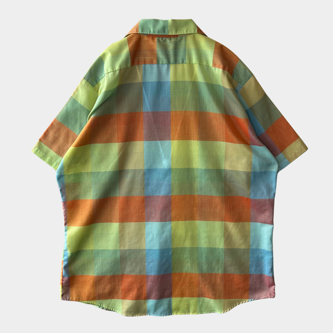 70's Sears PERMA PREST オープンカラーブロックチェックシャツ 半袖 (XL)/A7116SH-SO