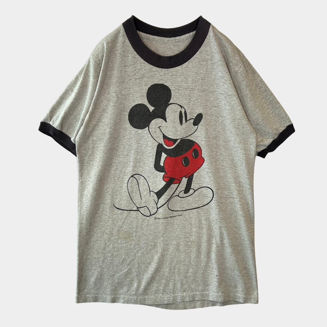80's Disney ミッキーマウス 染み込みプリントリンガーTシャツ グレー/B2746T-SO