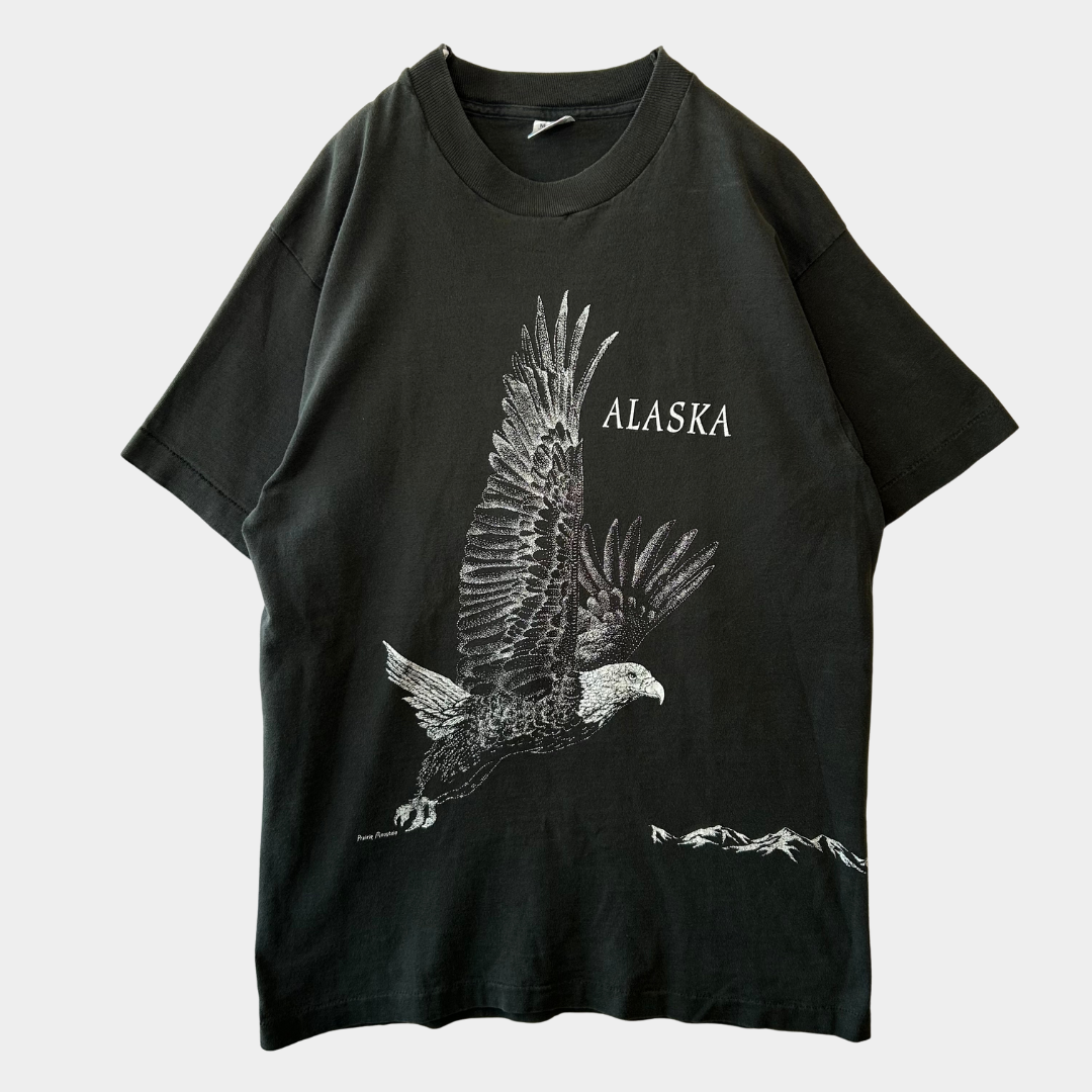 90's ALASKA イーグル巻きプリントTシャツ 黒(M)/A7185T-SO