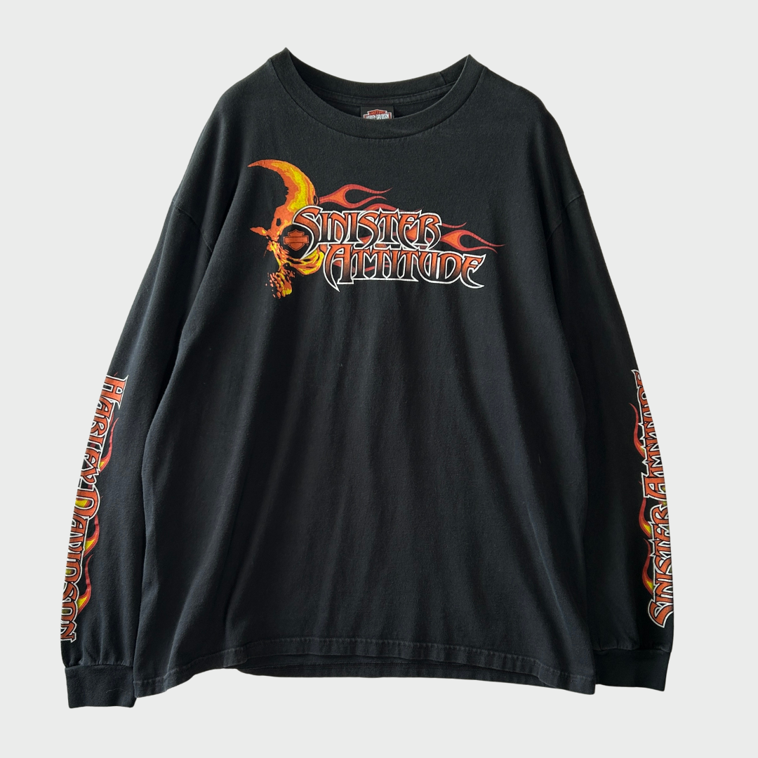 00's Harley-Davidson Sinister Attude 袖プリント ハーレーロングTシャツ 黒 (サイズ不明)/B3083T-SO