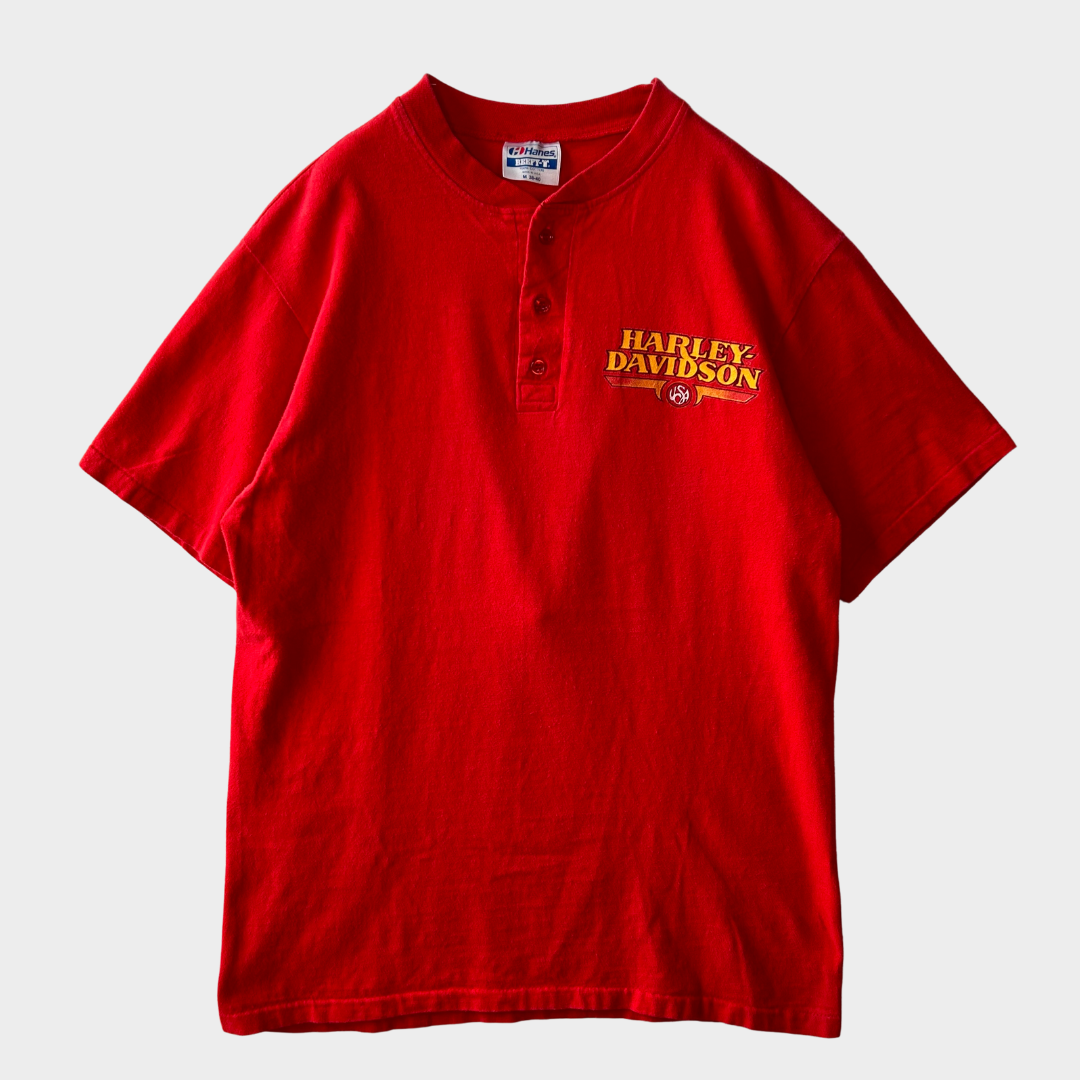 90's Hanes Harley-Davidson ヘンリーネックTシャツ 赤 (M)/B2070T-SO