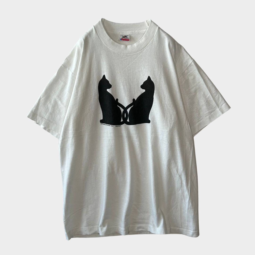 90's CornerCat 猫アートTシャツ 白(L)/A4132T-SO
