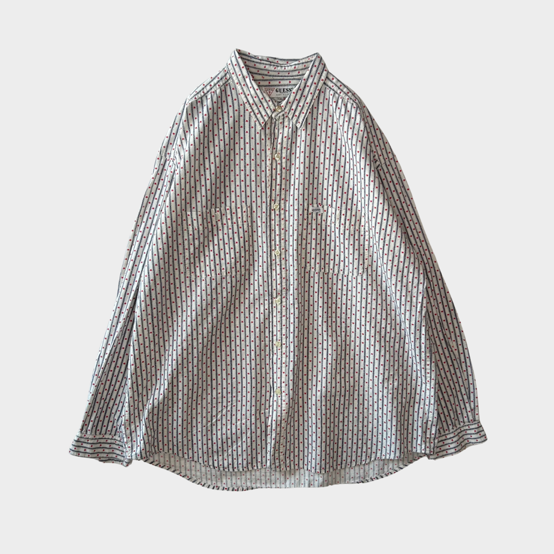 90's GUESS ストライプ コットンシャツ 青赤白 (XXL)/B1554S-SO