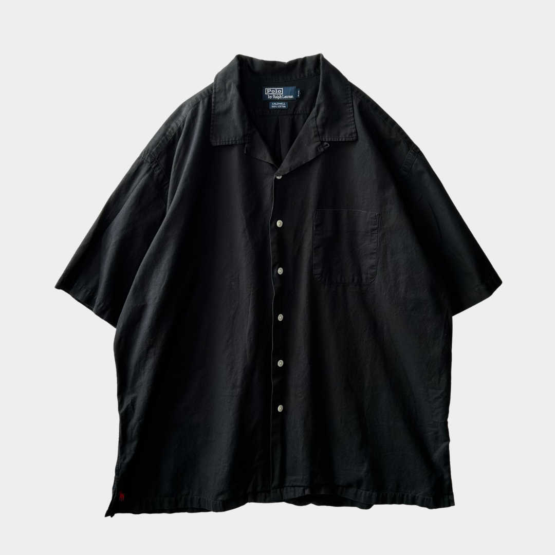 90's Polo Ralph Lauren CALDWELL オープンカラー半袖シャツ コットン裾ポニー 黒(XXL)/A6597SH-SO