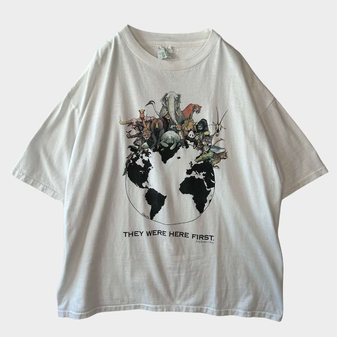 90's ECO SPORT THEY WERE HERE FIRST 地球 動物 アートTシャツ 白 (XXL)/B2015T-SO
