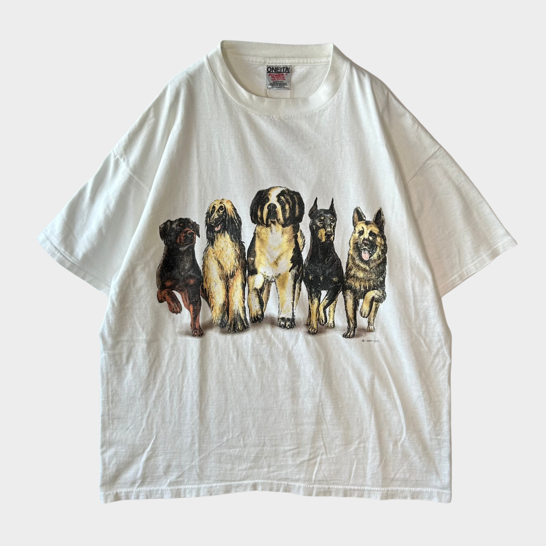 90's ONEITA Dog Art print T-shirt 白 (XL)/B1863T-SO