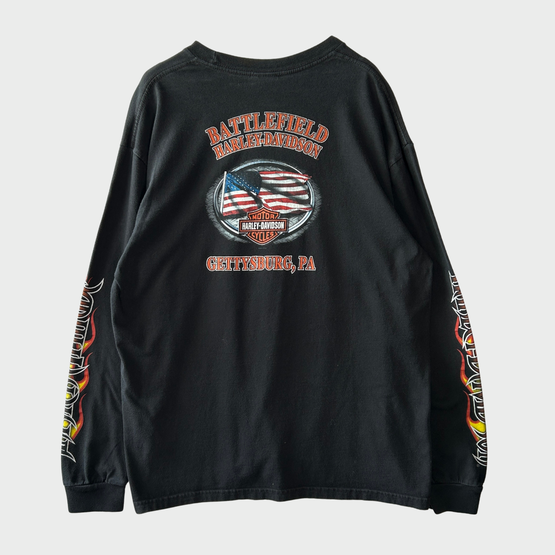 00's Harley-Davidson Sinister Attude 袖プリント ハーレーロングTシャツ 黒 (サイズ不明)/B3083T-SO
