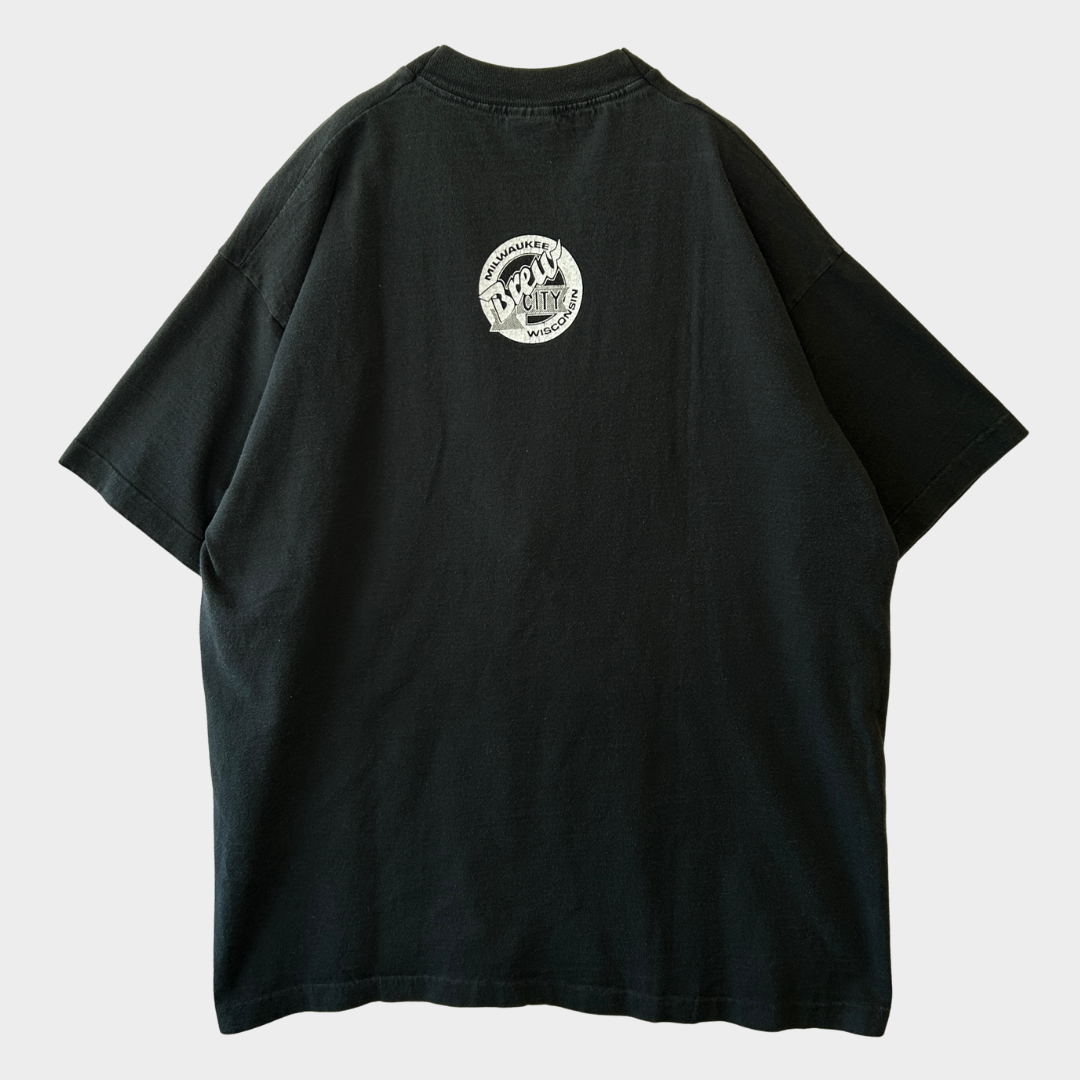 90's FRUIT OF THE LOOM "WILL WORK FOR BEER" Brew City アルコール メッセージTシャツ 黒 (XL)/B2738T-SO