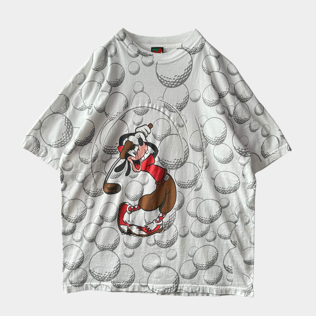 90's MICKEY UNLIMITED グーフィー ゴルフTシャツ ゴルフボール総柄 白(L)/B2166T-SO