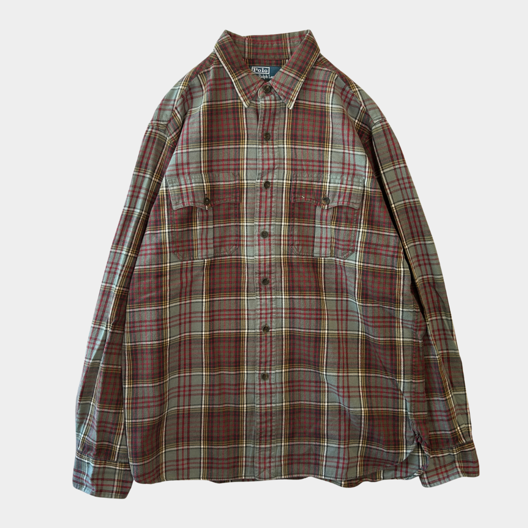 00's Polo ラルフローレン マチ付きチェックシャツ グレー赤(L
