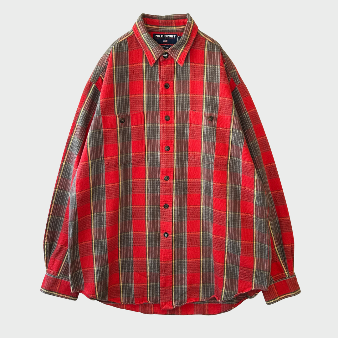 00's Polo Sport Ralph Lauren ラルフローレン チェックシャツ 赤黄茶 (L)/B0135S-SO