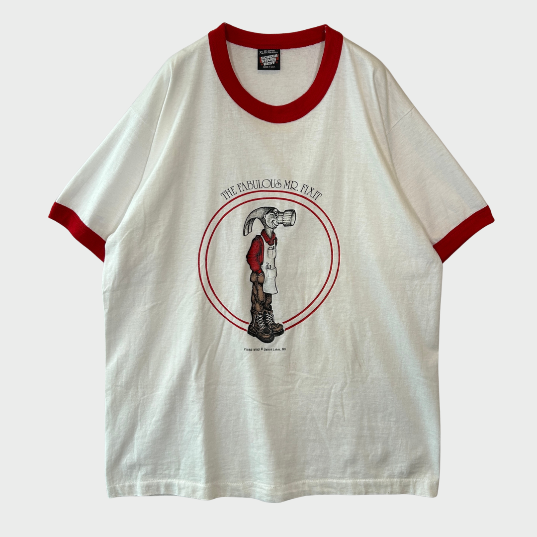 80's SCREEN STARS MR.FIX IT Handyman リンガーTシャツ ハンマーヘッド 赤白(XL)B2745T-SO