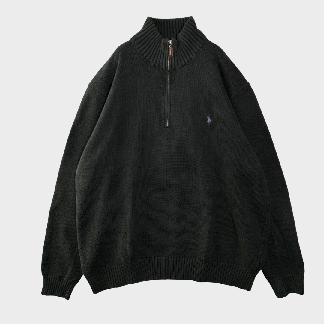 90's RALPH LAUREN ハーフジップ コットンニット 黒 L /A7603K