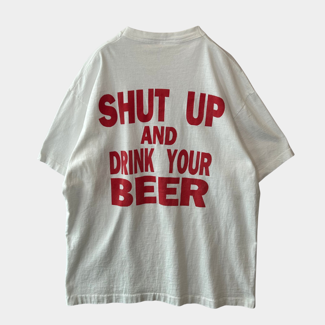 90's "SHUT UP&DRINK YOUR BEER" メッセージTシャツ 白(XL)/A6539T-SO