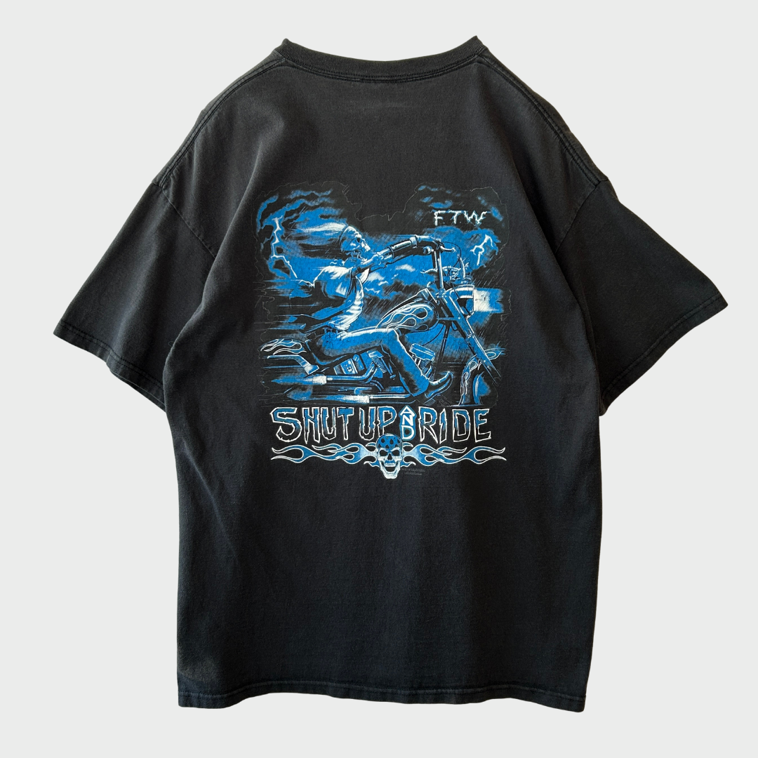00's DELTA SHUT UP AND RIDE Ocean City Liquid Blue ストームライダー プリントTシャツ 黒 (XL)/B2521T-SO