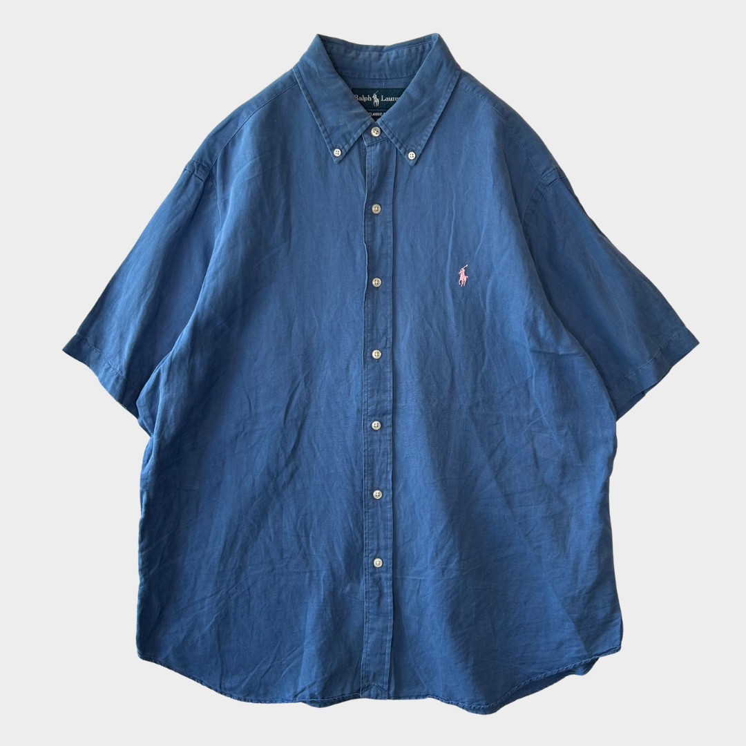 00's Ralph Lauren 半袖 ボタンダウンリネンシャツ 青 XL/A2994SH-SO