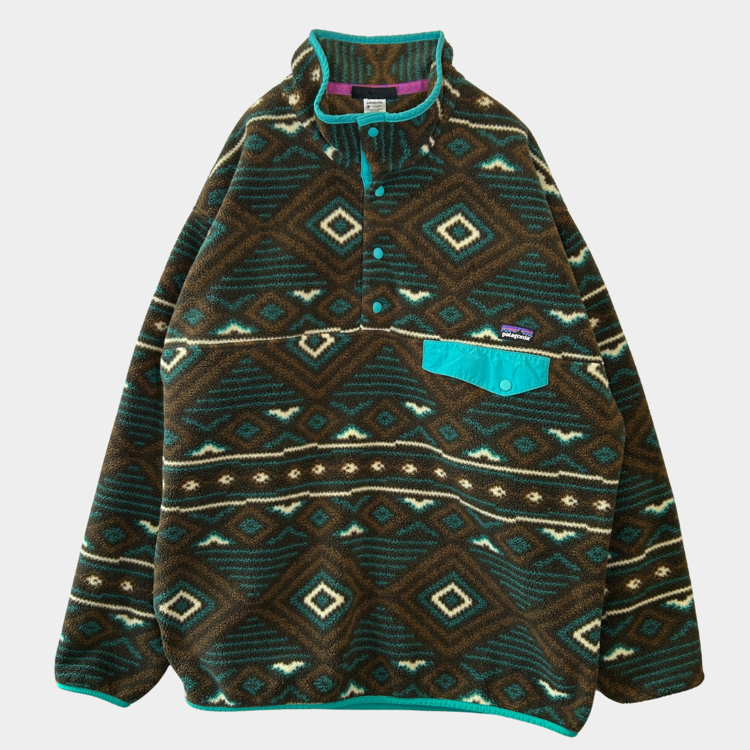00's Patagonia パタゴニア スナップT 総柄フリース ブラウン(L)A8757F