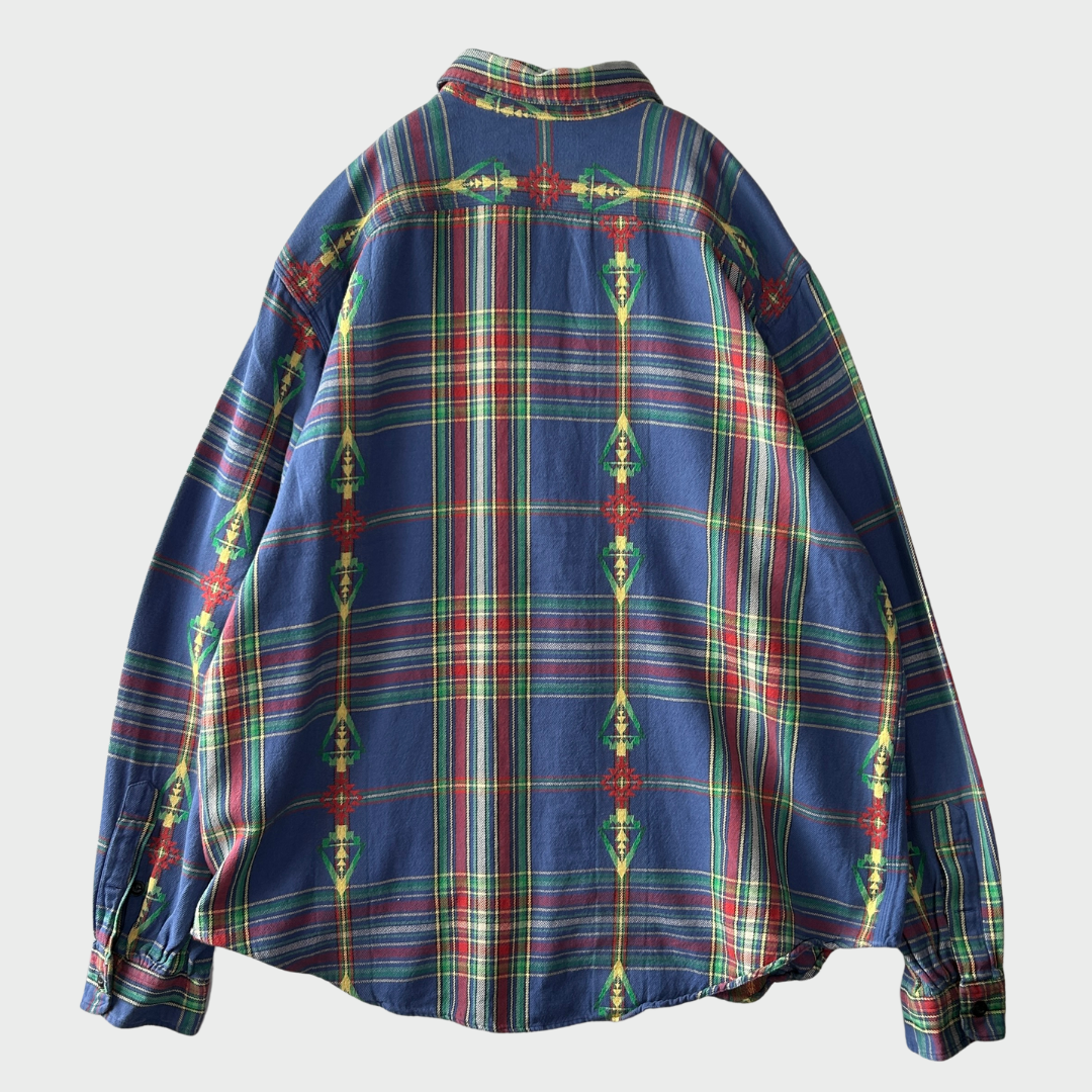 00's Polo Ralph Lauren ラルフローレン チェック ネイティブ柄シャツ 青赤緑黄 (XXL)/A1165SH-SO
