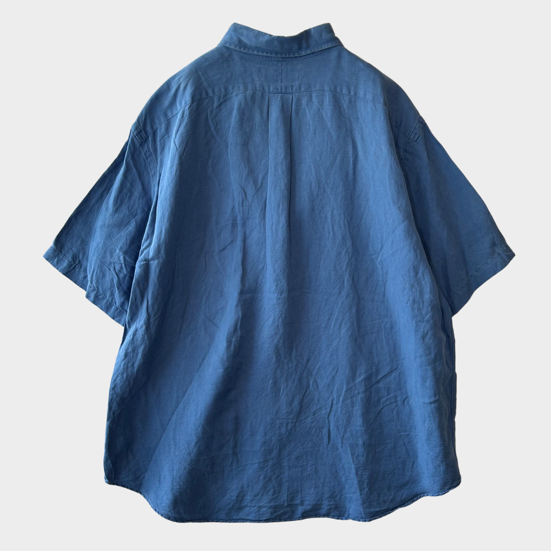 00's Ralph Lauren 半袖 ボタンダウンリネンシャツ 青 XL/A2994SH-SO