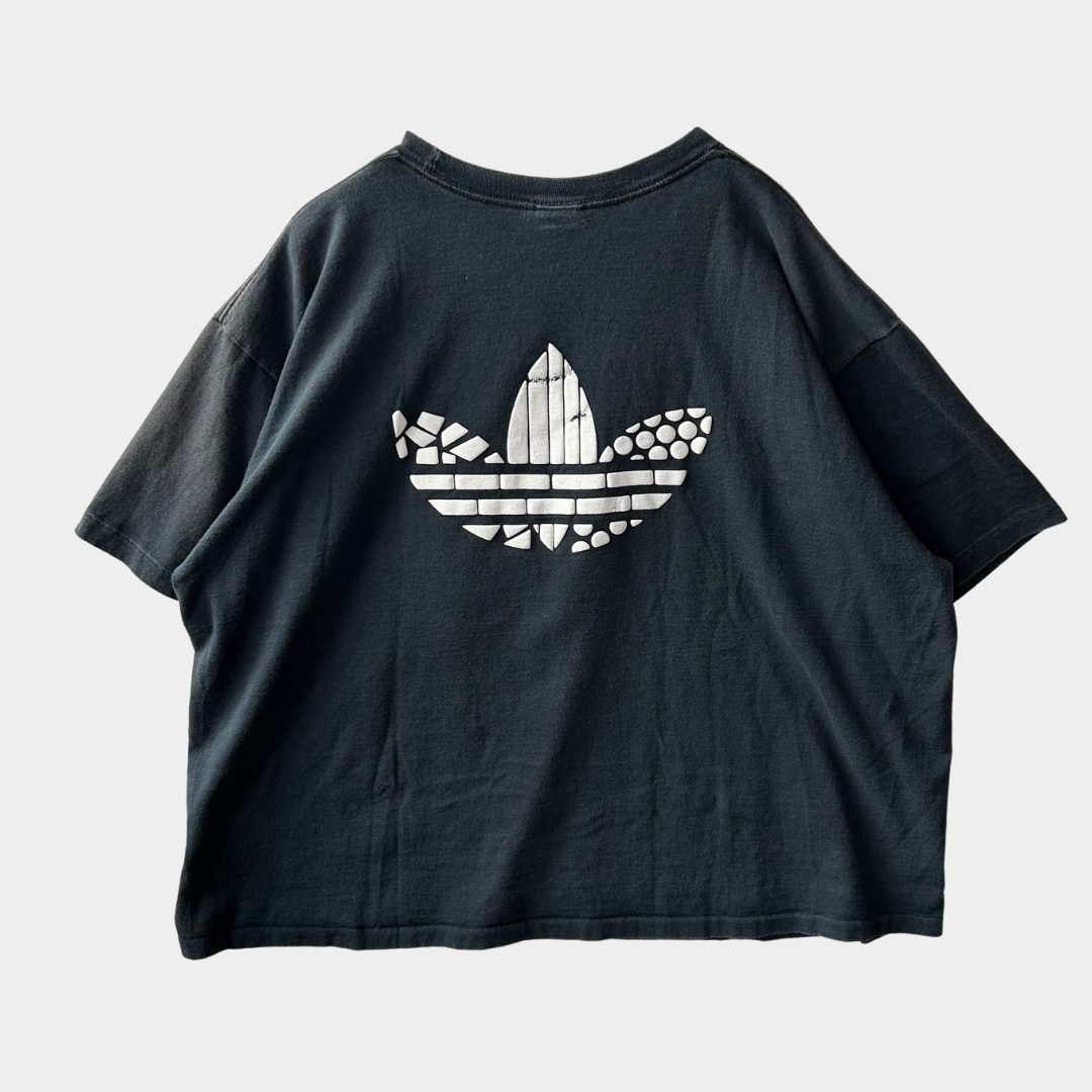 80's Adidas 発泡プリント ロゴTシャツ 黒 (2XL)/B1982T-SO