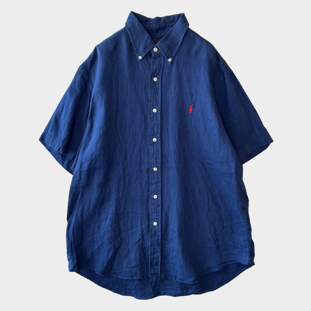 00's Ralph Lauren 半袖 ボタンダウンリネンシャツ ネイビー L/A4467SH-SO