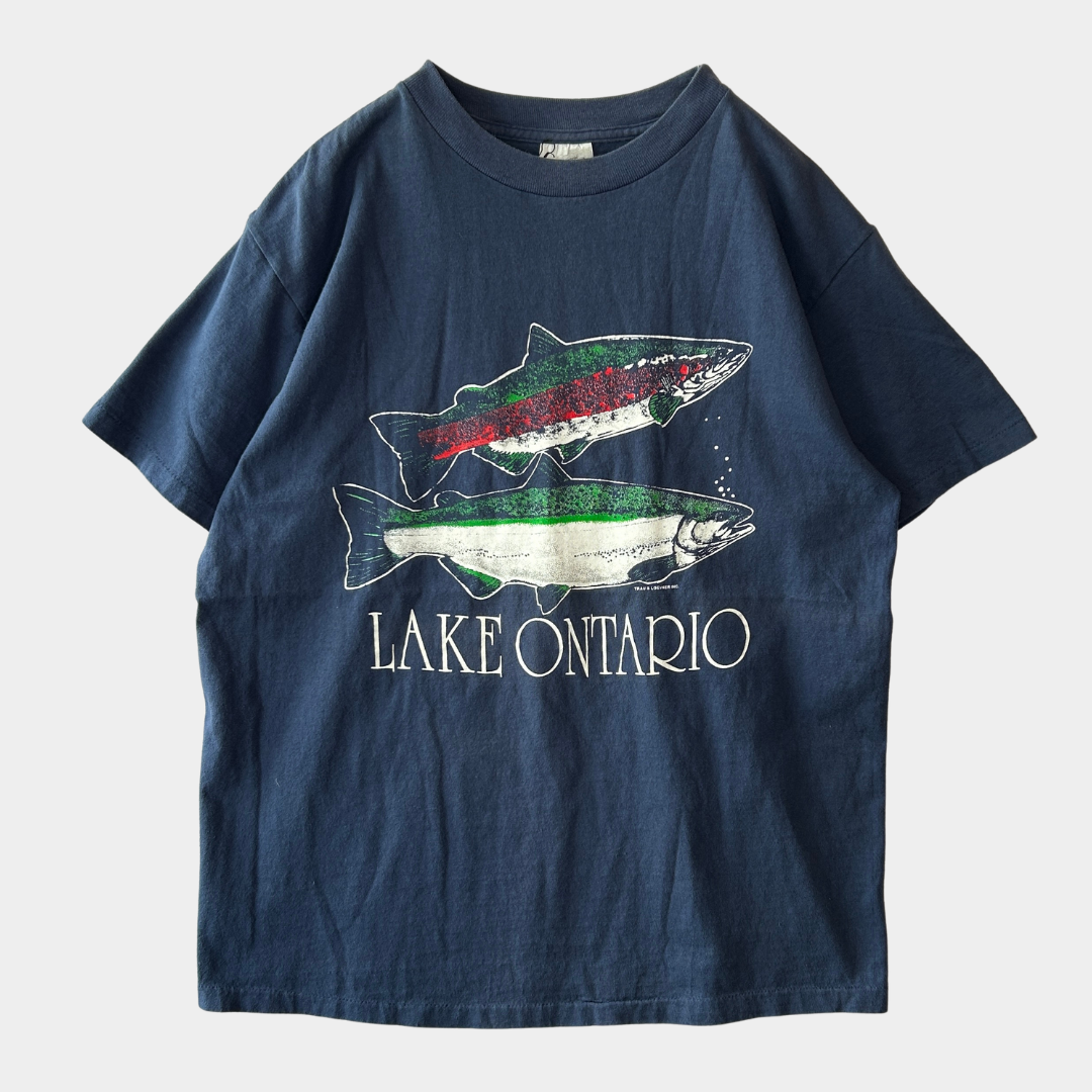 90's Savvy LAKE ONTARIO オンタリオ湖プリントTシャツ トラウト サーモン 紺(L)/A7386T-SO