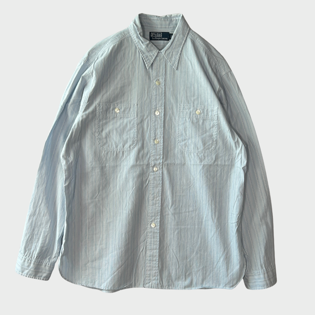 00's Ralph Lauren ラルフローレン ストライプシャツ チンスト 水色白青 (L)/A7962S-SO