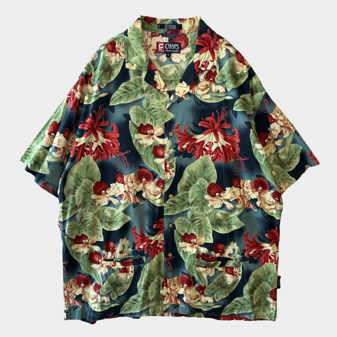 00's CHAPS Ralph Lauren レーヨン/コットン 花柄オープンカラーシャツ 紺赤緑 (XL)/A3729S-SO