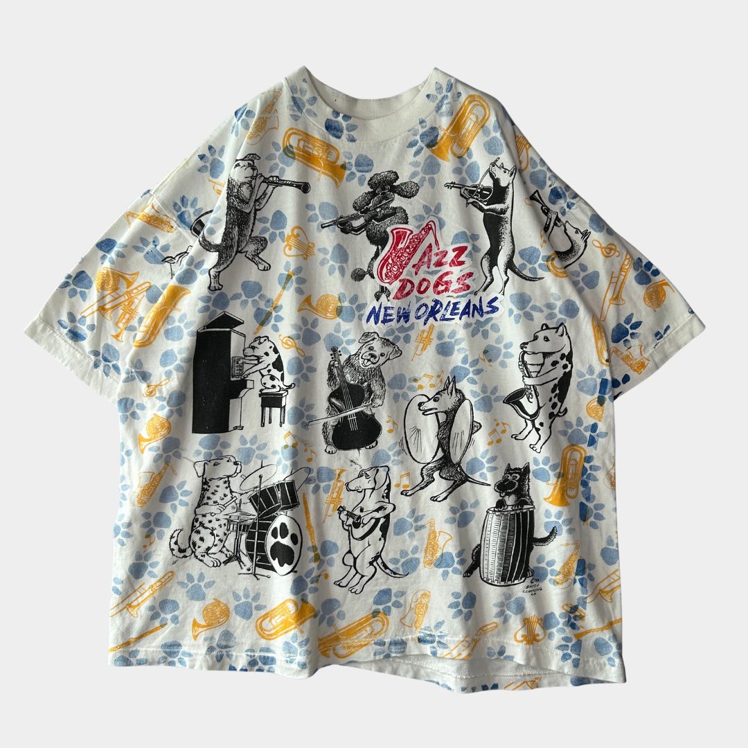 90's "JAZZ DOGS NEW ORLEANS" Tシャツ 総柄 ホワイト (XL)/A7558T-SO