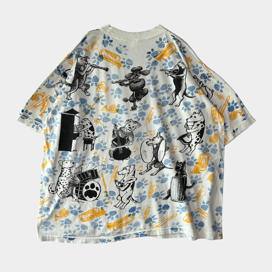 90's "JAZZ DOGS NEW ORLEANS" Tシャツ 総柄 ホワイト (XL)/A7558T-SO