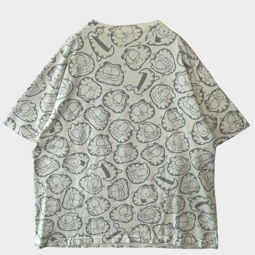 90's SUN SPORTS WEAR ガーフィールド ビッグプリント 総柄 Tシャツ 白 BIGGER/B2077