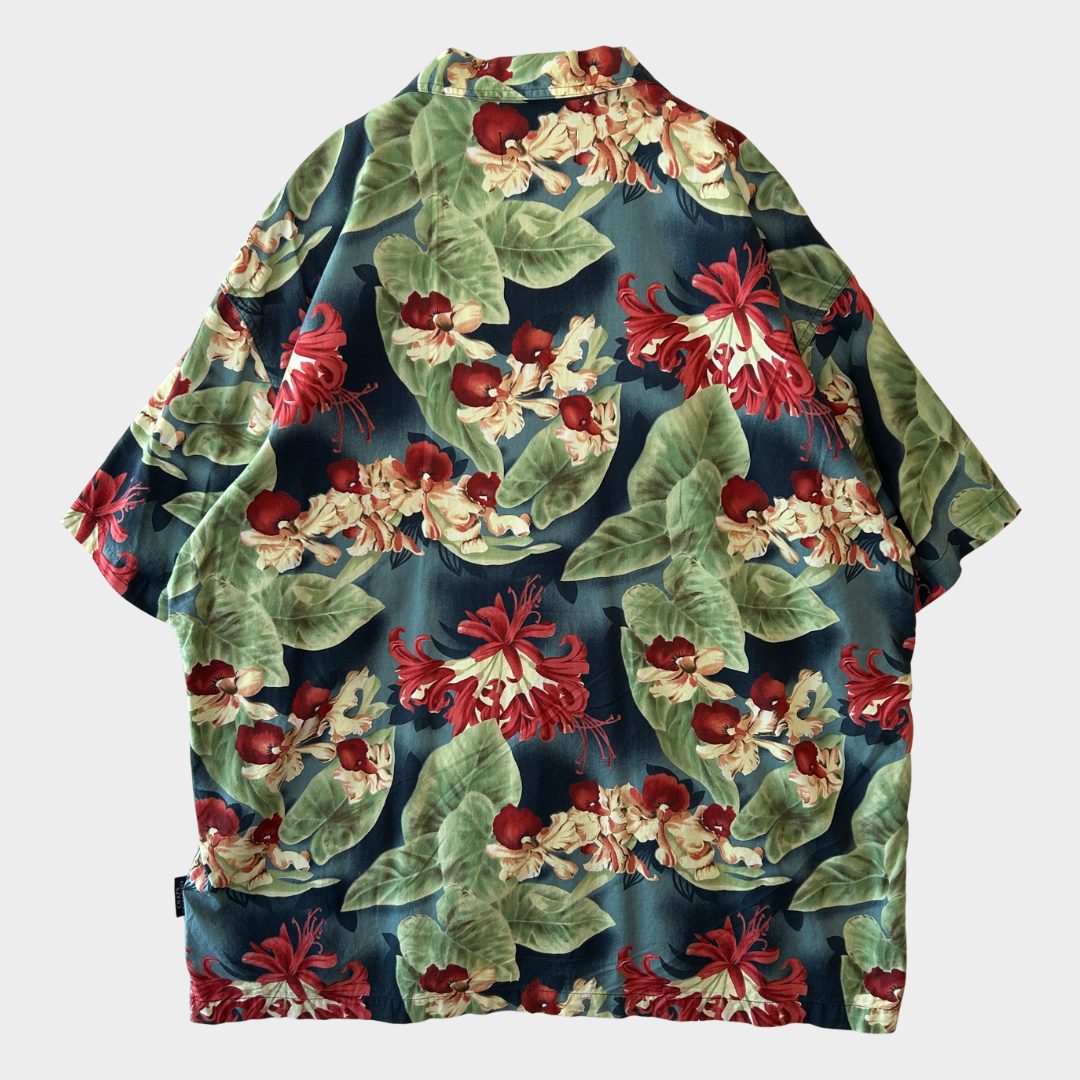 00's CHAPS Ralph Lauren レーヨン/コットン 花柄オープンカラーシャツ 紺赤緑 (XL)/A3729S-SO