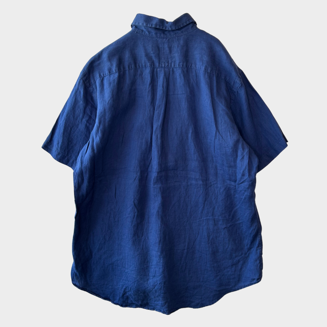00's Ralph Lauren 半袖 ボタンダウンリネンシャツ ネイビー L/A4467SH-SO
