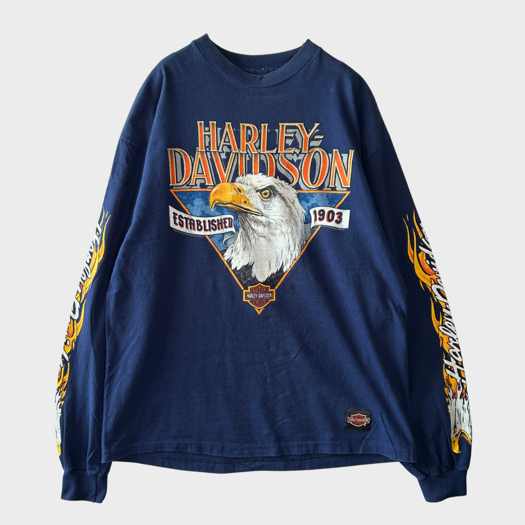 90's Hanes Harley-Davidson "Established 1903" 袖プリント ロングTシャツ 紺 (L)/B0661T-SO