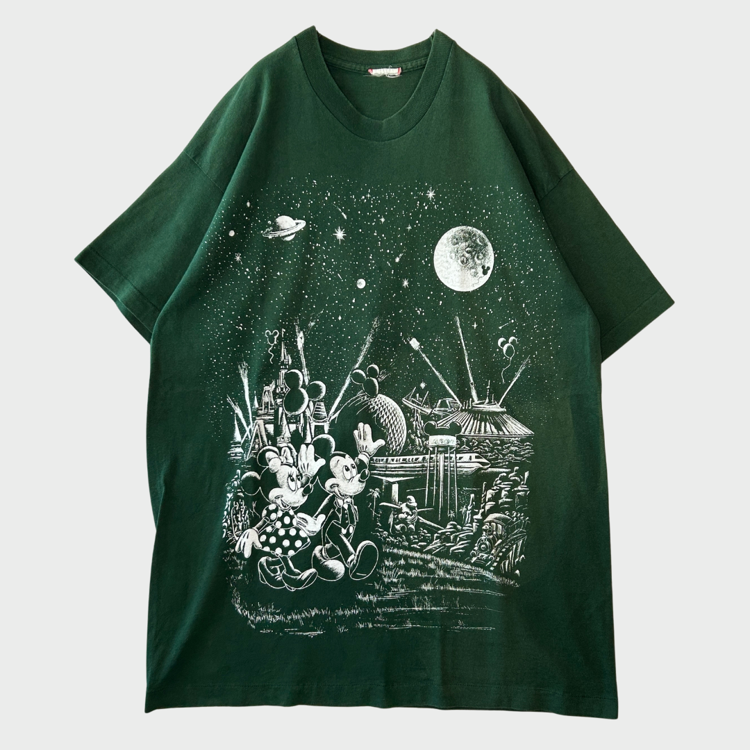 90's Disney ミッキー&ミニー 宇宙 アトラクション ディズニーTシャツ 緑 (サイズ不明)/B2183T-SO