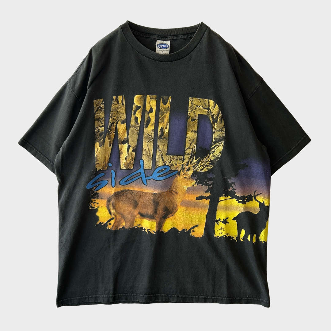 00's Cygnus WILD SIDE 鹿 アニマルプリントTシャツ 黒 (L)/A7035T-SO