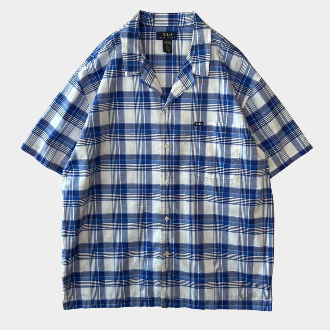 00's Polo Ralph Lauren ラルフローレン オープンカラーチェックシャツ 青白(L)/A3747SH-SO
