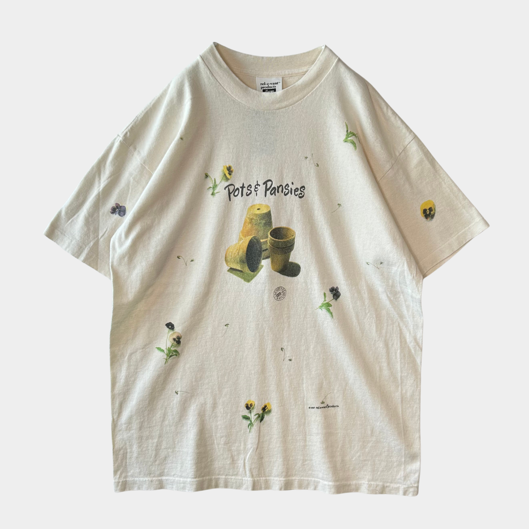 90's rel・e・vant・products Pots & Pansies パンシー 花 プリントTシャツ(L)/A3085T-S