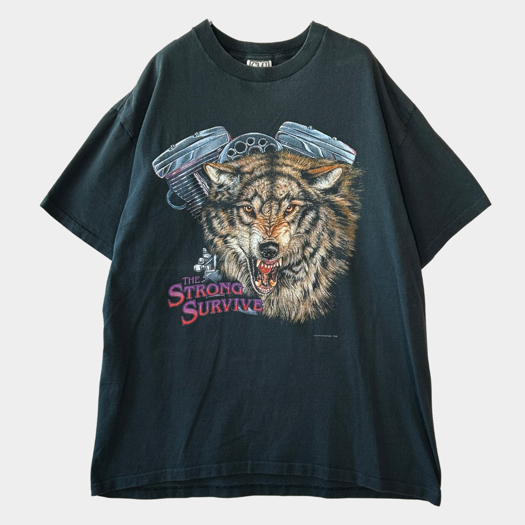 90's CMJ "THE STRONG SURVIVE" 狼 エンジン モーターサイクルTシャツ (L) /A7146T-SO